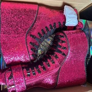 Club Exx Pink Glitter Platform Lace-Up Boots NIB